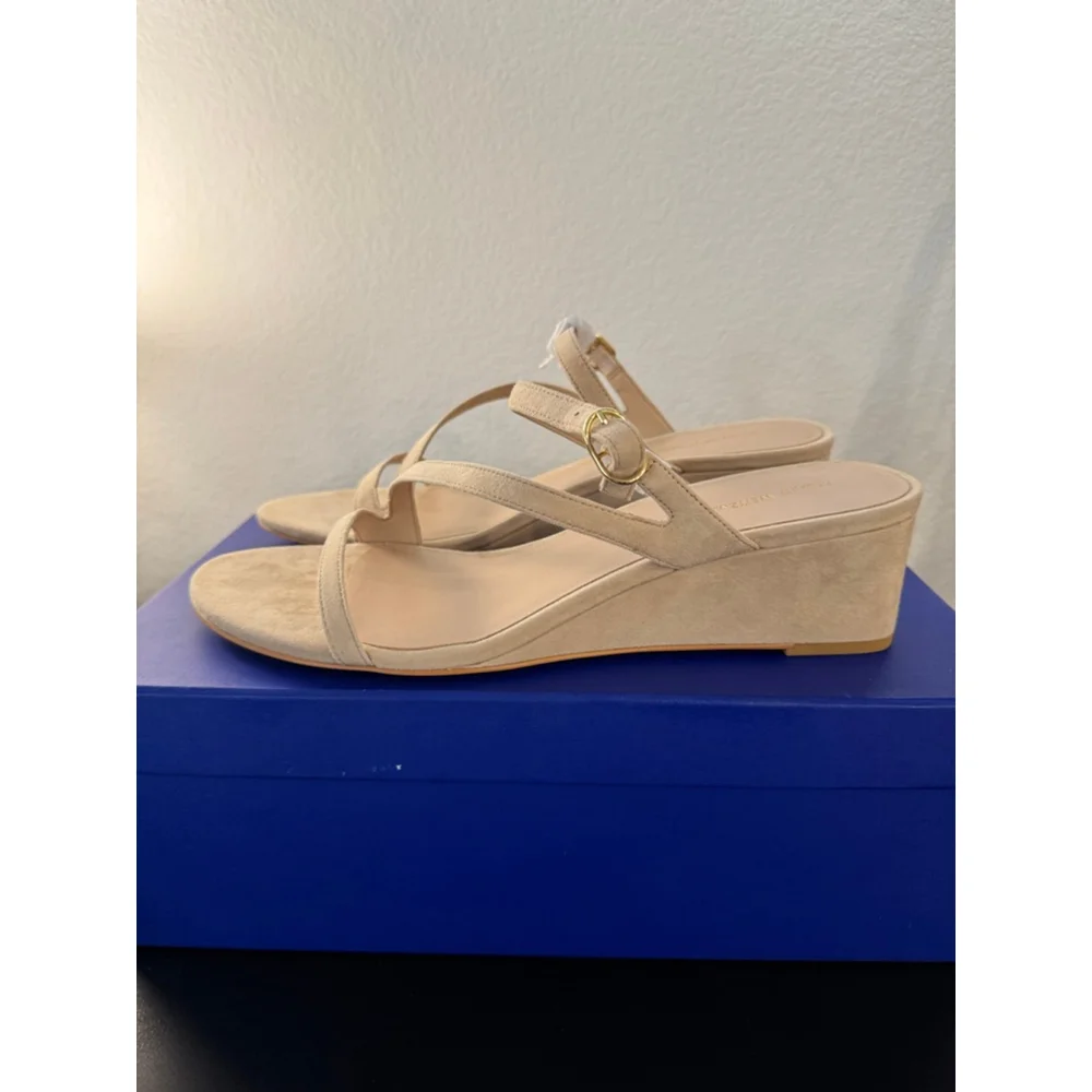 Women's Stuart‎ Weitzman Golden Beige Suede Wedge Sandals Size 10.5 - Picture 2 of 10
